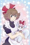  80s apron blue_eyes brown_eyes brown_hair chao_(unico) hair_ribbon hug looking_at_viewer oldschool pink_hair ribbon short_hair smile sparkle tail tcgf0 unico unico_(character) unicorn 