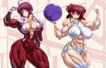  abs breasts erect_nipples extreme_muscles gundam gundam_00 haro highres huge_breasts huge_nipples impossible_clothes multiple_girls muscle nena_trinity nipples purple_eyes purukogi purukogi_(plasma_beach) red_hair simple_background sweat yellow_eyes 