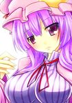  breasts frown hat highres large_breasts long_hair naonakamura patchouli_knowledge purple_eyes purple_hair ribbon solo touhou upper_body 
