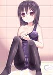  black_hair breasts brown_eyes long_hair md5_mismatch medium_breasts one-piece_swimsuit original pantyhose pantyhose_under_swimsuit school_swimsuit solo swimsuit thighband_pantyhose tsukino_neru undressing wet 