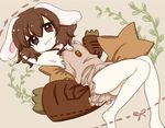  :3 animal_ears armpits brown_eyes brown_hair bunny_ears carrot inaba_tewi lying pillow s-s_(ss) short_hair sleeveless smile solo touhou 