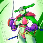  anthro big_breasts breasts clothing day-t female fence japanese_text plain_background pok&eacute;mon pok&eacute;morph red_eyes solo sword tagme translation_request virizon warrior weapon 