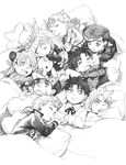  6+boys age_regression blanket bud_(korovsme) child dio_brando family giorno_giovanna graphite_(medium) greyscale gyro_zeppeli higashikata_jousuke highres johnny_joestar jojo_no_kimyou_na_bouken jonathan_joestar joseph_joestar_(young) kuujou_jolyne kuujou_joutarou monochrome multiple_boys sleeping snot steel_ball_run traditional_media younger 