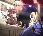  alcohol alice_margatroid aya_shachou bad_id bad_pixiv_id blonde_hair bottle drink eye_contact food_stand hat japanese_clothes looking_at_another multiple_girls mystia_lorelei noren okamisty pink_hair ribbon short_hair tasuki touhou wings yatai 