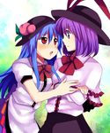  bad_id bad_pixiv_id blue_hair blush food fruit hat hinanawi_tenshi multiple_girls nagae_iku peach purple_hair red_eyes subaru_(yachika) touhou 