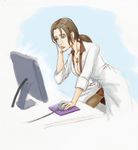  1girl breasts brown_hair cleavage computer computer_mouse labcoat metal_gear metal_gear_(series) metal_gear_solid metal_gear_solid_4 monitor mousepad naomi_hunter ponytail sleeves_rolled_up solo 