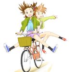  :d bare_legs basket belt bicycle black_legwear brown_eyes brown_hair cif cruiser_bicycle floating_hair futami_ami futami_mami green_jacket ground_vehicle idolmaster idolmaster_(classic) idolmaster_1 jacket long_sleeves matching_outfit multiple_girls multiple_riders open_mouth outstretched_arm pillion riding shoes short_hair shorts siblings side_ponytail sidesaddle smile sneakers socks spread_legs sweatdrop twins white_background 