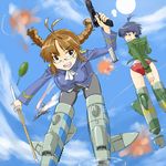  aircraft airplane akizuki_ritsuko antenna_hair ass black_hair blue_eyes braid brown_eyes brown_hair cif cloud cosplay day dual_wielding explosion glasses gun handgun holding idolmaster idolmaster_(classic) idolmaster_1 kikuchi_makoto looking_back magazine_(weapon) magazine_ejection minna-dietlinde_wilcke minna-dietlinde_wilcke_(cosplay) multiple_girls panties panties_under_pantyhose pantyhose parachute parody perrine_h_clostermann perrine_h_clostermann_(cosplay) pistol shibashi sky strike_witches striker_unit sun tokarev_tt-33 twin_braids underwear uniform weapon world_witches_series 