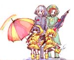  alternate_costume blonde_hair blue_hair boots child contemporary flandre_scarlet hong_meiling izayoi_sakuya multiple_girls puddle rainbow raincoat red_hair remilia_scarlet rubber_boots silver_hair sketch splashing star tima touhou umbrella wings 