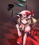  :d checkered checkered_floor cowboy_shot dress fang flandre_scarlet hat hat_ribbon holding mob_cap ogami_kazuki one_side_up open_mouth puffy_short_sleeves puffy_sleeves red_dress red_eyes ribbon short_sleeves smile solo stick tooth touhou 