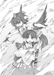  between_fingers black_wings bow buckle geta gohei graphite_(medium) greyscale hair_bow hair_tubes hakurei_reimu hands hat hikawa_shou monochrome multiple_girls ofuda open_mouth outstretched_arms ponytail shameimaru_aya short_hair spread_arms tengu-geta tokin_hat touhou traditional_media wings 