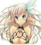  blue_eyes breasts cleavage covered_nipples earrings hair_ornament jewelry large_breasts long_hair original pointy_ears shimakaze smile solo white_hair 