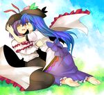  bad_id bad_pixiv_id blue_hair food fruit hat highres hinanawi_tenshi long_hair multiple_girls nagae_iku peach purple_hair ribbon short_hair smile subaru_(yachika) touhou 