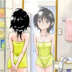  back bare_shoulders bathroom black_eyes black_hair cif flat_chest idolmaster idolmaster_(classic) idolmaster_1 impossible_towel kikuchi_makoto mirror naked_towel short_hair solo towel 