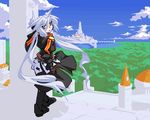  armor blue_eyes castle cloud day forest gauntlets long_hair lowres mof mof's_silver_haired_twintailed_girl nature oekaki original silver_hair sky solo standing twintails 