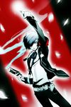  bad_id bad_pixiv_id blue_eyes blue_hair evoker gun hair_over_one_eye kamina_pose male_focus monochrome persona persona_3 pointing pointing_up school_uniform solo spot_color teddy_(artist) weapon yuuki_makoto 