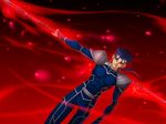  blue_hair fate/stay_night fate_(series) gae_bolg game_cg lancer male_focus polearm red_background red_eyes solo spear takeuchi_takashi weapon 