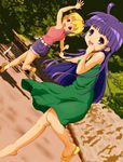  bad_id bad_pixiv_id belt blonde_hair blue_hair dress dutch_angle fang furude_rika green_skirt hairband highres higurashi_no_naku_koro_ni houjou_satoko long_hair looking_back multiple_girls paiboon purple_eyes red_eyes road running sandals shirt short_hair shorts skirt sleeveless smile tree 