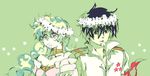  1boy 1girl akutsu_(yuumi) bangs bare_shoulders black_eyes black_hair blonde_hair blue_eyes blue_hair choker closed_eyes closed_mouth couple curly_hair dress eyebrows_visible_through_hair flower flower_in_mouth green_background hair_between_eyes head_wreath hetero jewelry long_hair looking_away mouth_hold necklace nia_teppelin off-shoulder_dress off_shoulder popped_collar side-by-side simon simple_background star tengen_toppa_gurren_lagann upper_body white_flower 