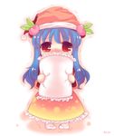  blue_hair chibi food frilled_pillow frills fruit hat hinanawi_tenshi kirero long_hair peach pillow pillow_hug red_eyes socks solo tears touhou trembling 