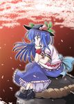  blue_hair food fruit hat hinanawi_tenshi keystone kiku_hitomoji leaf long_hair peach rope shimenawa sitting solo touhou 