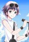  brown_hair cloud day earrings green_eyes headband highres idolmaster idolmaster_(classic) idolmaster_1 jewelry kikuchi_makoto microphone microphone_stand shirt short_hair sky smile solo suishin_(18m) sunglasses t-shirt 