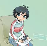  antenna_hair bad_id bad_pixiv_id black_hair blue_eyes blush chair denim idolmaster idolmaster_(classic) idolmaster_1 jacket jeans jewelry kikuchi_makoto koi_(k51) pants raglan_sleeves ring short_hair sitting solo surprised 