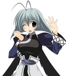  antenna_hair black_wings blue_eyes breasts kamyu large_breasts okita_shinya silver_hair solo utawareru_mono wings 