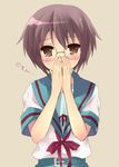  blue_sailor_collar blue_skirt blush glasses hijiki_(hijikini) kita_high_school_uniform nagato_yuki sailor_collar school_uniform serafuku short_hair skirt solo suzumiya_haruhi_no_yuuutsu tears 