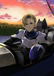  aircraft airplane armor blonde_hair cloud dusk forest glasses green_eyes helmet macross macross_frontier male_focus mikhail_buran morihito nature pilot_suit pointy_ears realistic s.m.s. sky smile solo spacesuit 