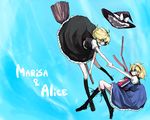  alice_margatroid black_legwear blonde_hair book boots broom broom_riding flying hairband hat hat_removed headwear_removed holding_hands kirisame_marisa knee_boots kneehighs multiple_girls short_hair sky socks tima touhou witch_hat 