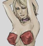 armpits arms_behind_head arms_up bangs bare_shoulders blonde_hair breasts breasts_apart choker grin large_breasts looking_at_viewer lowres maria_(silent_hill) naughty_face pasties short_hair silent_hill silent_hill_2 simple_background sketch smile solo upper_body white_background 