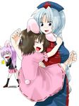  animal_ears braid breasts brown_hair bunny_ears bunny_tail commentary_request hat hug inaba_tewi large_breasts long_hair multiple_girls purple_hair reisen_udongein_inaba ribbon short_hair silver_hair tail touhou unya yagokoro_eirin 