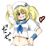  blonde_hair blue_sailor_collar hat heart kitashirakawa_chiyuri midriff navel one_eye_closed sailor_collar short_hair solo tajima_yuuki touhou touhou_(pc-98) yellow_eyes 