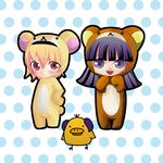  :d animal_costume artist_request bear_costume blonde_hair blush brown_eyes chibi creature embarrassed furude_rika hand_on_hip higurashi_no_naku_koro_ni horns houjou_satoko long_hair lowres multiple_girls non-web_source open_mouth polka_dot purple_eyes purple_hair rilakkuma san-x short_hair smile 