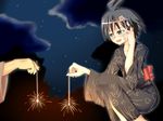  antenna_hair black_hair blush brown_eyes cloud fireworks flower idolmaster idolmaster_(classic) idolmaster_1 japanese_clothes kikuchi_makoto kimono night senkou_hanabi smile solo_focus sparkler squatting star tog_(shoten) 