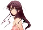  bare_shoulders brown_eyes brown_hair copyright_request covering hairu long_hair naked_sheet naked_towel purple_hair solo towel 