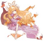  as blonde_hair bow dress elbow_gloves fan folding_fan frilled_dress frills gap gloves hair_bow hat long_hair lowres purple_eyes ribbon solo touhou yakumo_yukari 