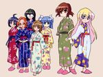  full_body glasses ichijou japanese_clothes katagiri_himeko kimono momose_kurumi multiple_girls non-web_source one_eye_closed pani_poni_dash! rebecca_miyamoto slippers suzuki_sayaka tachibana_rei uehara_miyako yukata 