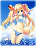  ball bikini blonde_hair blue_eyes chibi cloud day doumyouji_sakura food fue_(tsuzuku) highres holding ice_cream kino_kyouka long_hair multiple_girls navel ribbon sparkle striped striped_bikini swimsuit tankini thigh_gap twintails volume7 water 