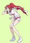  alternate_costume bare_legs braid contemporary gym_uniform headband hong_meiling long_hair ponytail red_hair short_shorts short_sleeves shorts simple_background solo sweat tima touhou twin_braids 