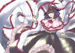  as black_skirt capelet cowboy_shot evil_smile frills long_sleeves nagae_iku purple_hair red_eyes shawl short_hair skirt smile solo touhou 