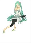  :d black_legwear blouse flats green_background green_eyes green_footwear green_hair grey_skirt hatsune_miku heart highres holding_megaphone invisible_chair jacket koi_wa_sensou_(vocaloid) leggings long_hair megaphone open_mouth pink_scrunchie pointing pointing_at_viewer scrunchie simple_background sitting skirt smile solo twintails vocaloid white_background white_jacket yoshito 