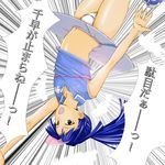  blue_hair brown_eyes cif idolmaster idolmaster_(classic) idolmaster_1 kisaragi_chihaya midriff panties ponytail skirt skirt_lift solo sportswear tennis_uniform translated underwear upside-down visor_cap 