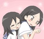  bangs black_hair blush brown_eyes closed_eyes embarrassed fujiyoshi_harumi glasses kitsu_chiri long_hair lowres lucky_star multiple_girls non-web_source oekaki parody parted_bangs sayonara_zetsubou_sensei school_uniform serafuku short_hair yuri 