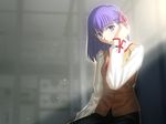  fate/stay_night fate_(series) game_cg homurahara_academy_uniform matou_sakura purple_eyes purple_hair school_uniform solo takeuchi_takashi 