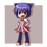  animal_ears bell belt blue_hair blue_legwear blush cat_ears chibi dress fictional_sister flat_chest green_eyes hands_on_hips kyouran_kazoku_nikki midarezaki_kyouka open_mouth shadow shoes short_hair sneakers solo thighhighs 