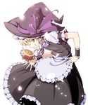  aka_ringo apron blonde_hair bow braid frills grin hair_bow hat kirisame_marisa leaning_forward mini-hakkero single_braid smile solo touhou witch_hat wrist_cuffs yellow_eyes 