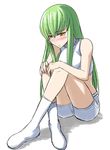  bangs bare_shoulders blush c.c. code_geass crossed_legs green_hair long_hair shorts sitting sleeveless sleeveless_turtleneck solo tears turtleneck yellow_eyes 