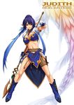  baul blue_footwear blue_hair boots breasts character_name cleavage copyright_name elf gloves judith kazuma_muramasa knee_boots large_breasts loincloth midriff pointy_ears polearm red_eyes solo spear tales_of_(series) tales_of_vesperia weapon 